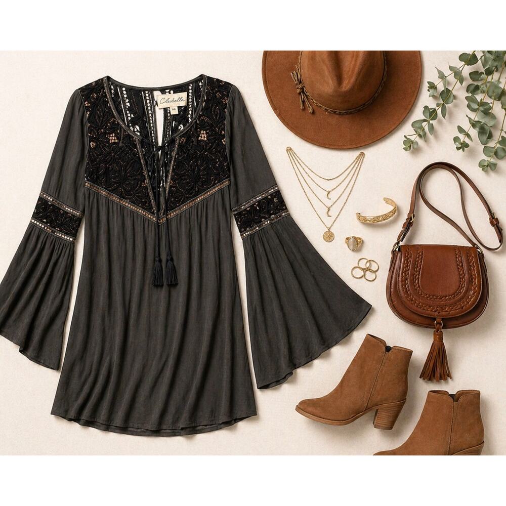 Cleobella Lili Mini Dress XS Boho Lace Bell Sleeve Deep V Gunmetal Gray Festival